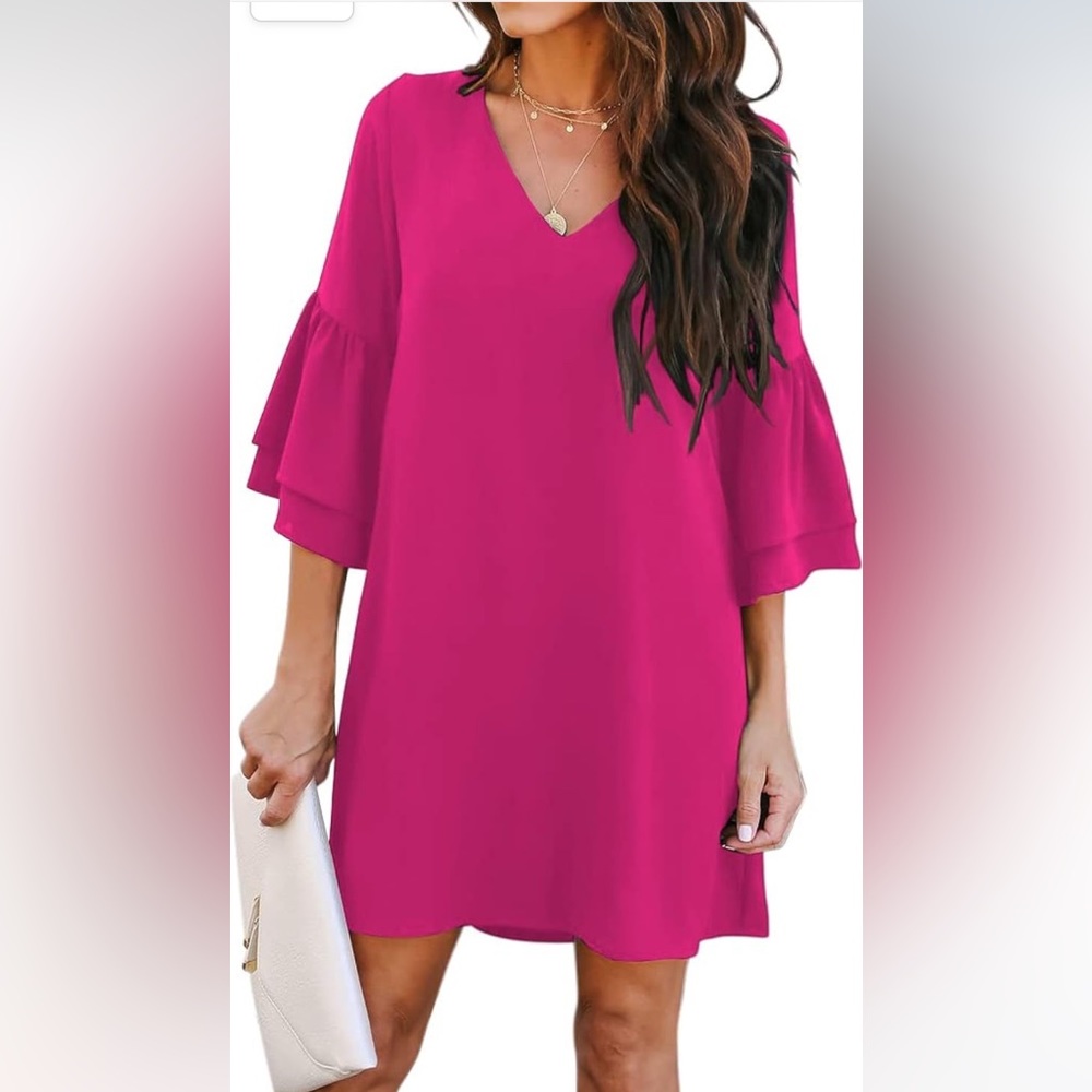 Women's V-Neck Shift Mini Dress with Bell Sleeve